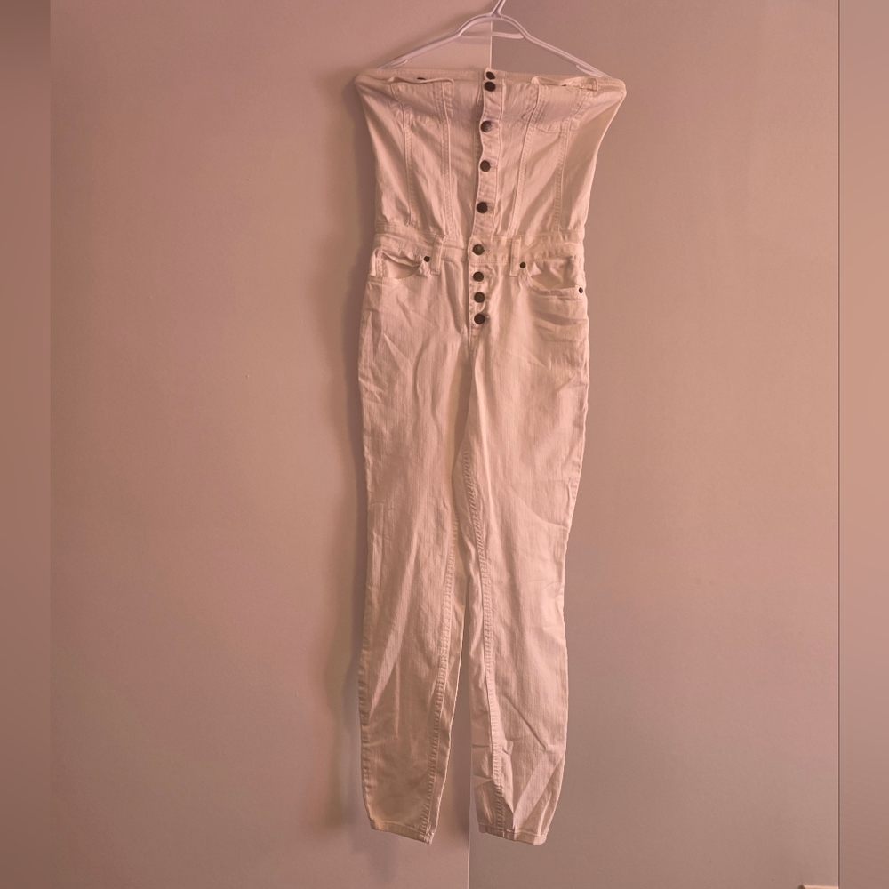 GUESS White Strapless Button-Front Denim Jumpsuit